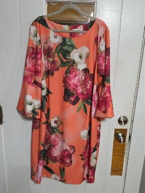 Calvin Klein Women's Orange Floral Dress Bell Sleeves Exposed Zip Spring 24W EUC
